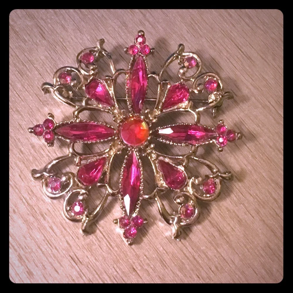Vintage-Inspired Pink Crystal Jeweled Brooch | Floral | Statement Pin